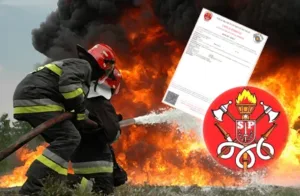 Bombeiros combatem incêndio com mangueira ao lado de ilustração de certificado AVCB