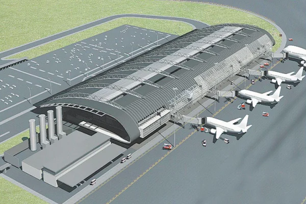 Maquete 3D de aeroporto com terminal, pátio de aeronaves e pista, exemplo de projeto de infraestrutura