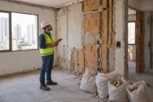 Engenheiro com capacete e prancheta avalia parede demolida com tubulações expostas em apartamento em reforma