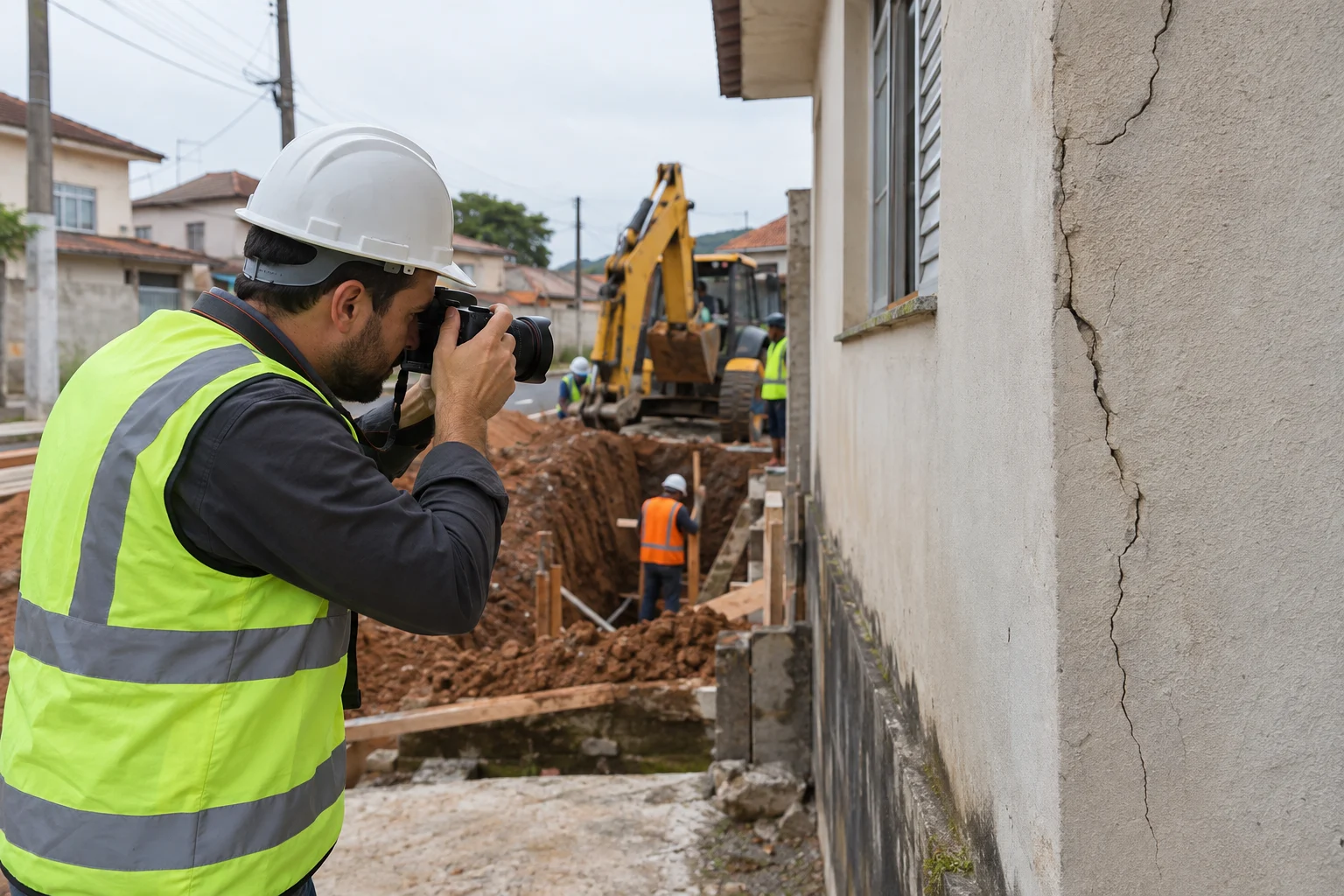 Engenheiro de capacete fotografa fissura na parede de casa vizinha a obra com escavação e retroescavadeira
