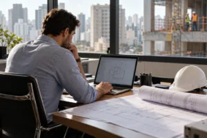 Engenheiro trabalha no notebook ao lado de plantas de reforma e capacete branco em escritório com vista da cidade