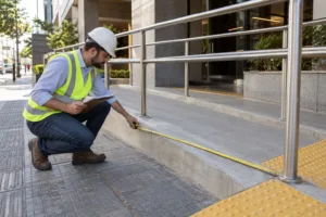 Engenheiro com EPI medindo com trena rampa de acessibilidade com corrimão e piso tátil em edifício comercial