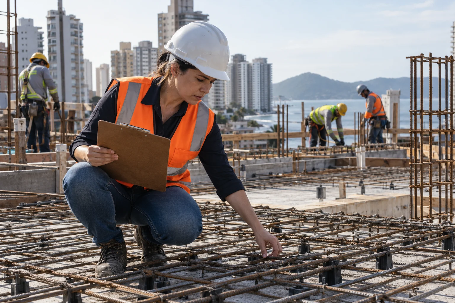 Engenheira fiscal confere a armadura da laje antes da concretagem em obra residencial em Santos