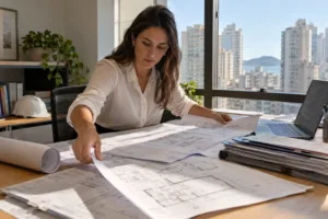 Engenheira organiza plantas e documentos do imóvel para aprovação de projeto na Prefeitura de Santos