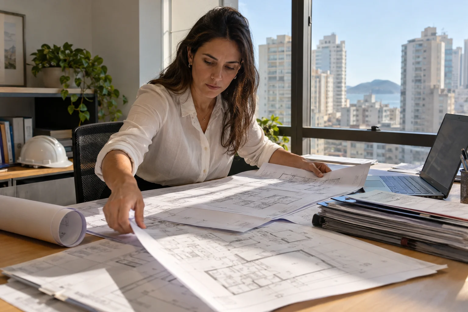 Engenheira organiza plantas e documentos do imóvel para aprovação de projeto na Prefeitura de Santos