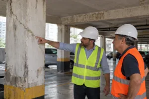 Engenheiro aponta trinca inclinada em pilar de garagem de prédio antigo em Santos para o síndico