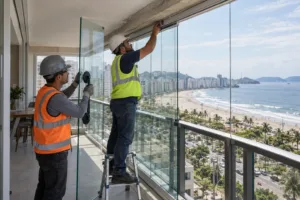 Instaladores fixam trilho e painéis de vidro no fechamento de varanda de apartamento de frente para o mar