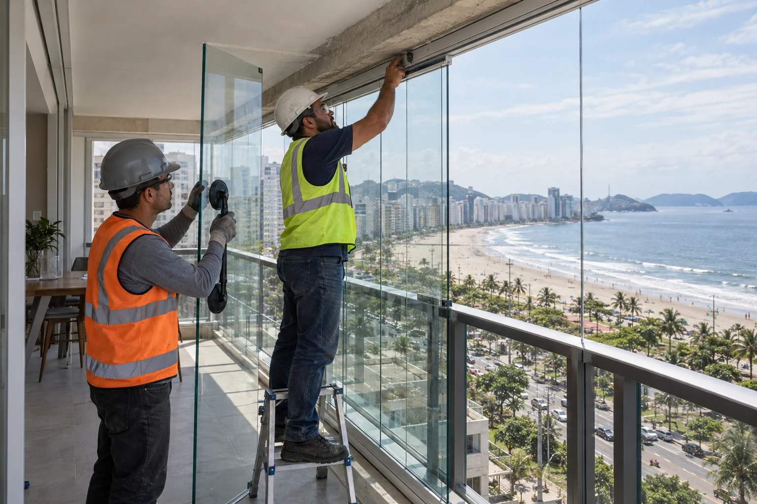 Instaladores fixam trilho e painéis de vidro no fechamento de varanda de apartamento de frente para o mar