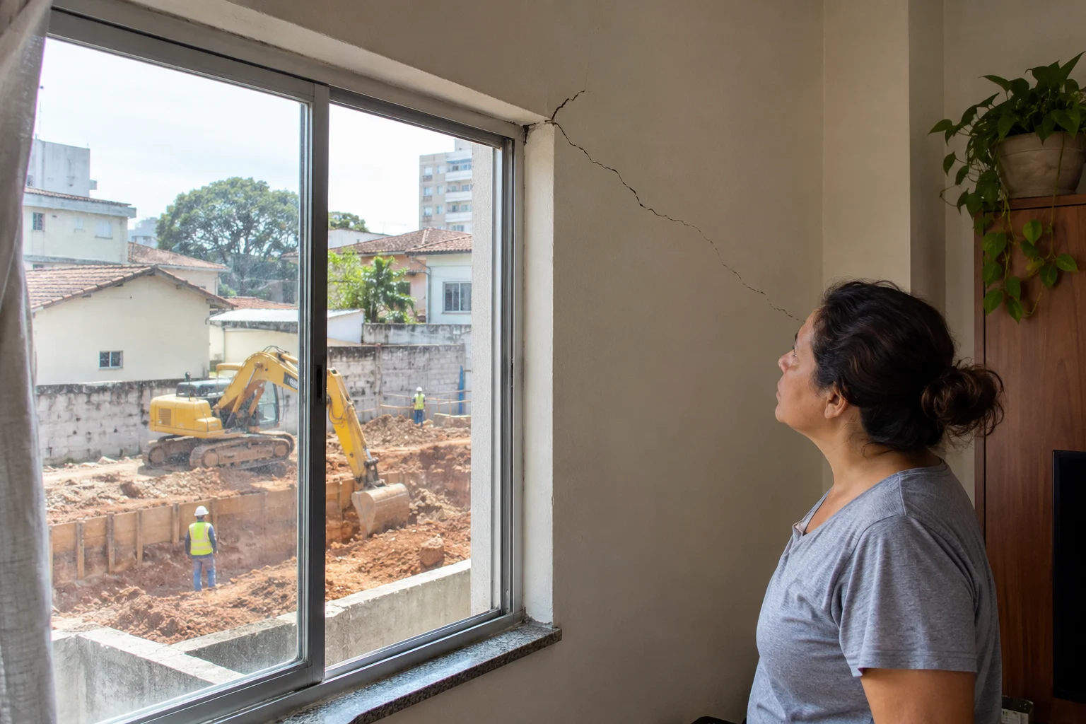 Moradora observa rachadura na parede ao lado da janela, com escavação de obra vizinha ao fundo