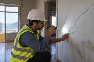 Engenheiro civil inspecionando trinca diagonal em parede de apartamento antigo em Santos, com lanterna e fissurômetro