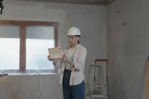 Engenheira com capacete e tablet faz vistoria de apartamento novo antes da entrega