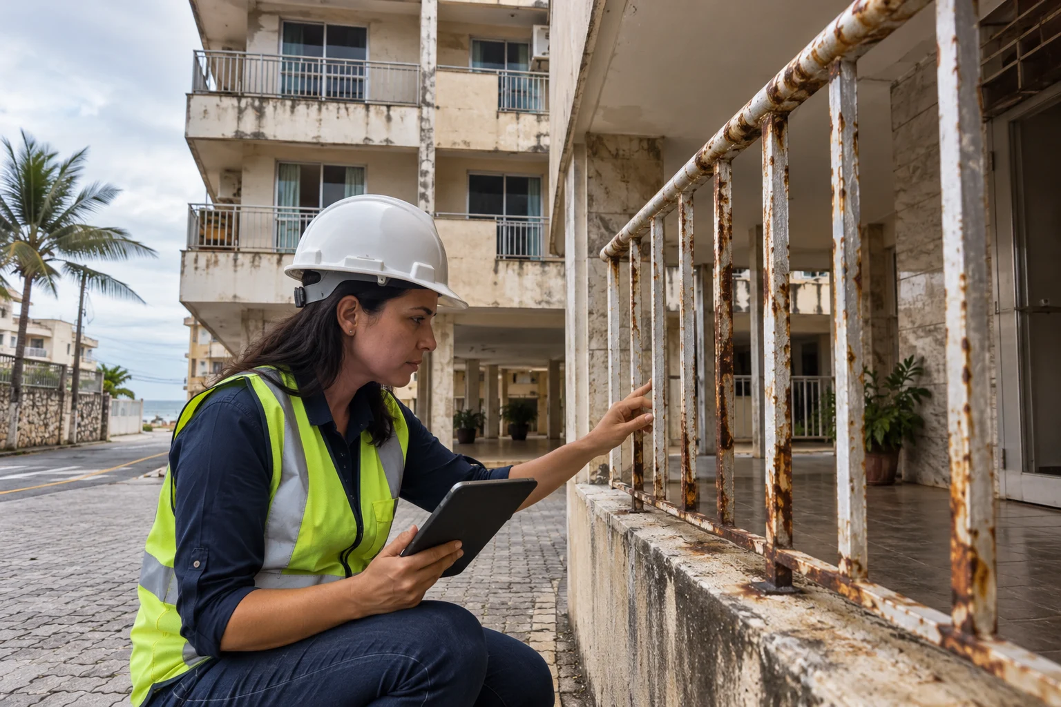 Engenheira de capacete e colete inspeciona guarda-corpo corroído pela maresia em prédio residencial no litoral