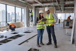 Engenheira e gestor de obra conferem tablet em andar de escritório corporativo em reforma, com piso elevado e drywall