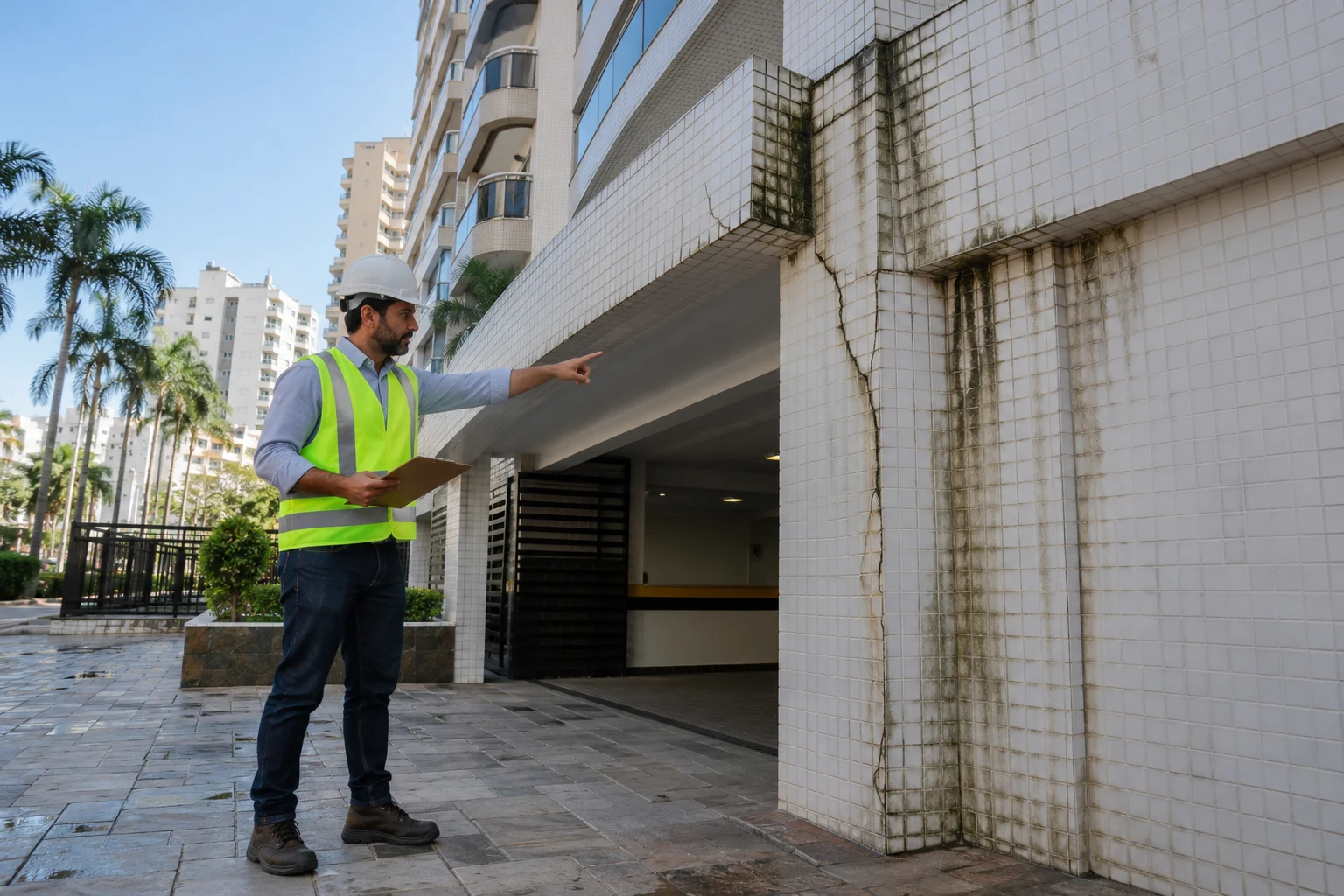 Engenheiro com capacete e colete aponta fissura e manchas no revestimento perto da garagem de condomínio em Santos