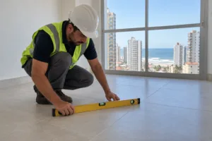 Engenheiro de capacete e colete confere o nível do piso em apartamento novo com vista para o mar em Praia Grande
