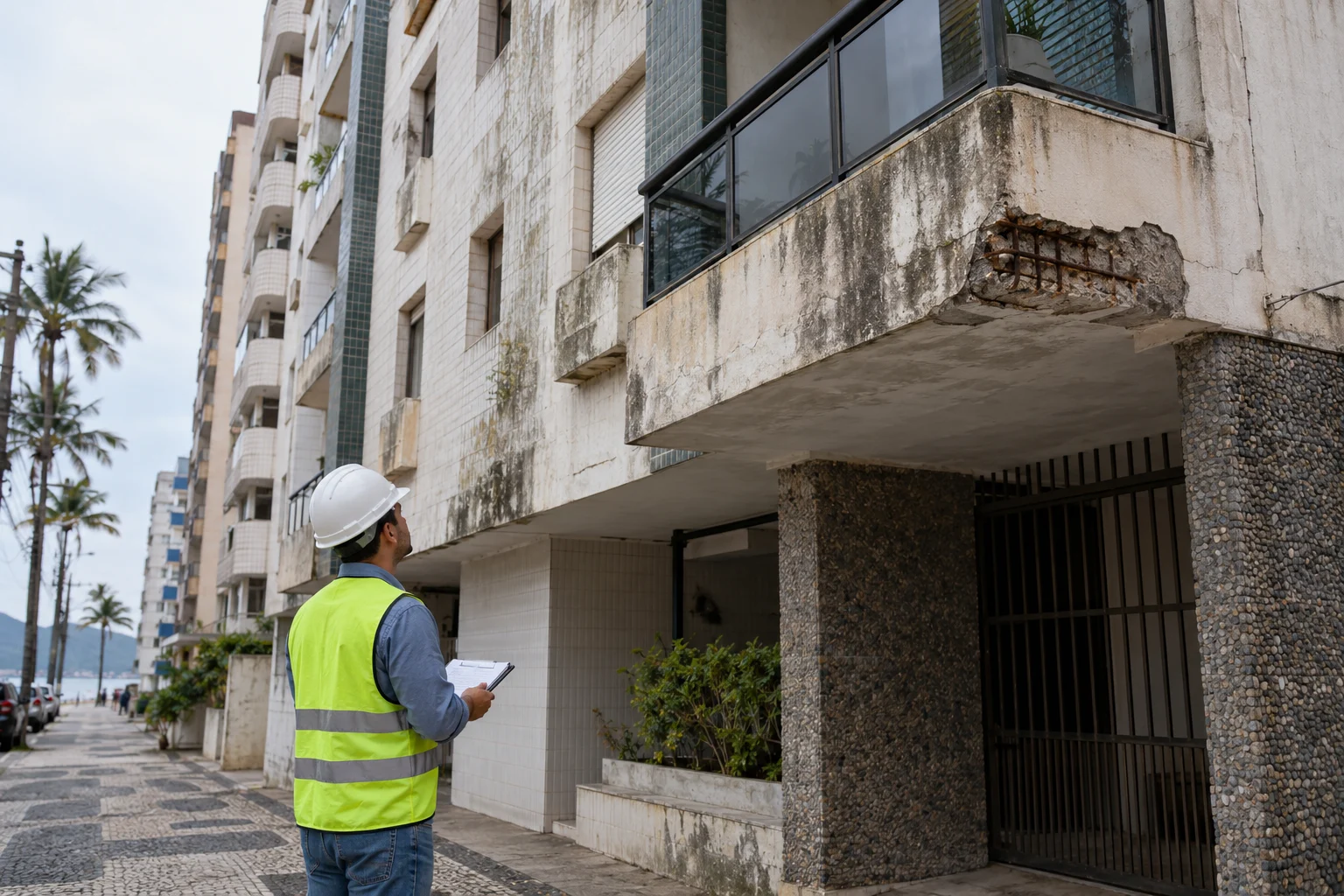 Engenheiro de capacete observa fachada de prédio antigo à beira-mar com fissuras, umidade e armadura exposta na sacada