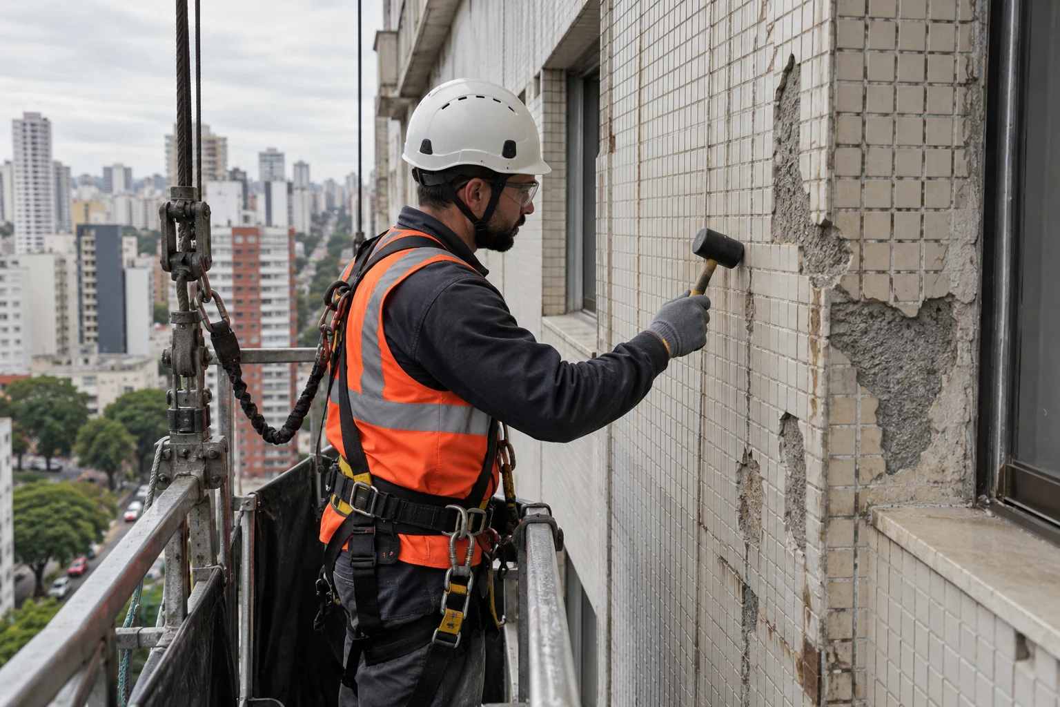 Engenheiro faz teste de percussão com martelo de borracha em fachada de pastilhas danificada em prédio de São Paulo