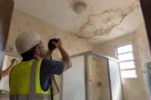 Engenheiro fotografa mancha de infiltração no teto de banheiro para laudo de vistoria de seguro em Santos