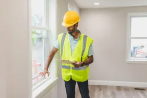 Inspetor de capacete e colete verifica janela de apartamento durante inspeção predial