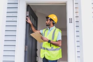 Engenheiro com capacete e colete confere porta de entrada durante inspeção predial