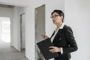 Profissional com prancheta avalia ambientes de edificação durante inspeção predial
